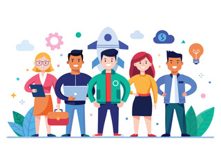 Diverse team of professionals standing together with a rocket and lightbulb symbolizing innovation and success isolated on white background
