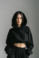 A young woman wearing a black cropped hoodie and matching sweatpants sports suit mockup, standing against a neutral background. She has long, straight hair and a confident expression.