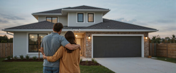 Couple embracing while looking at their modern two-story house with a large driveway at sunset