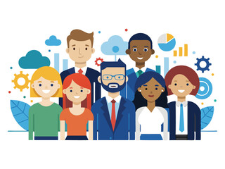 Diverse group of business professionals collaborating with charts and gears isolated on white background
