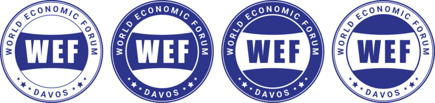 blue wef badge icons with world economic forum davos text used for global business or policy design	