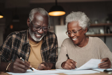 Senior couple reviewing financial documents and smiling while planning for retirement,