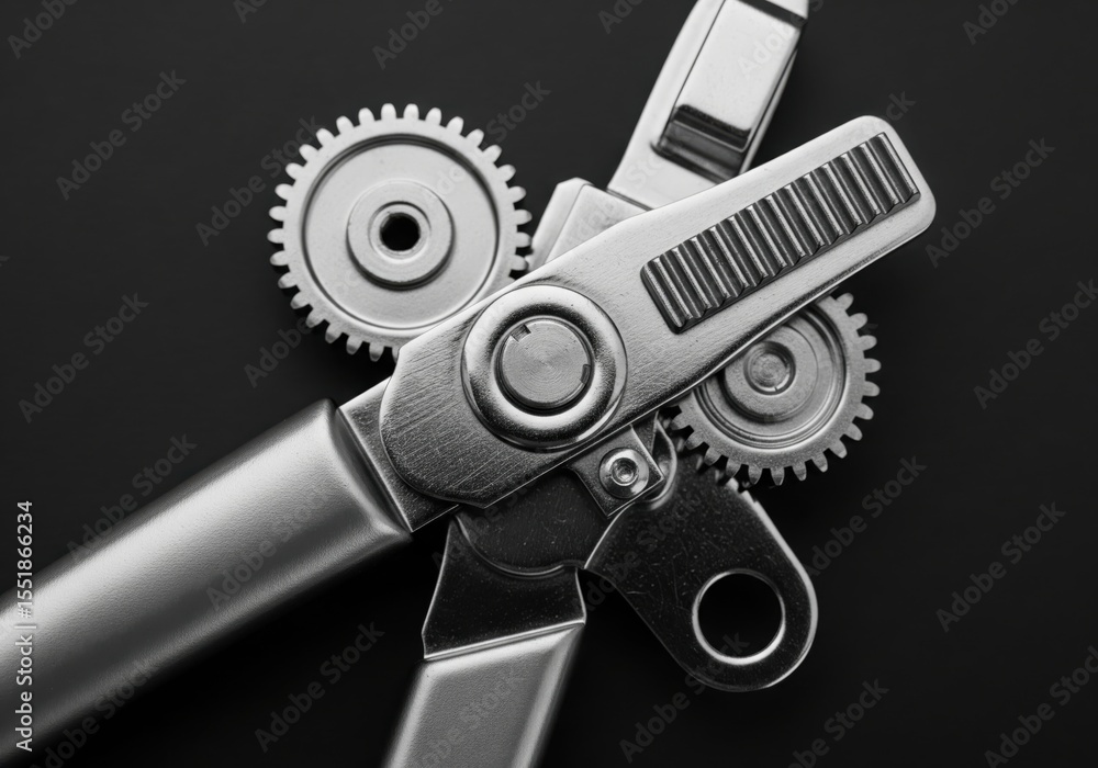 Aufkleber can opener mechanism detail. an intricate view of a sleek metallic tin opener, highlighting its comp