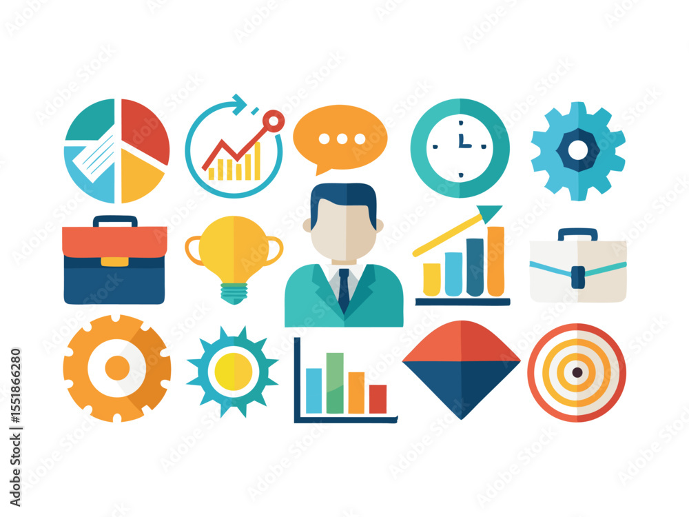 Poster collection of business and finance icons including charts briefcase lightbulb clock gears and target