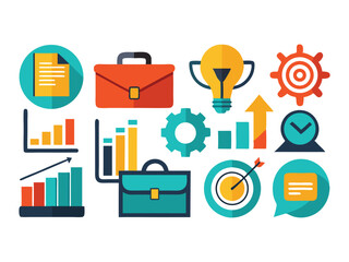 Collection of business and finance icons including charts briefcases lightbulb target and clock isolated on white background
