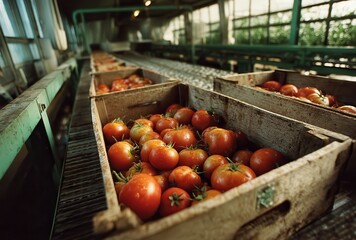 Freshly Harvested Tomatoes in Rustic Wooden Crates on a Conveyor Belt Inside a Greenhouse with Abundant Natural Light