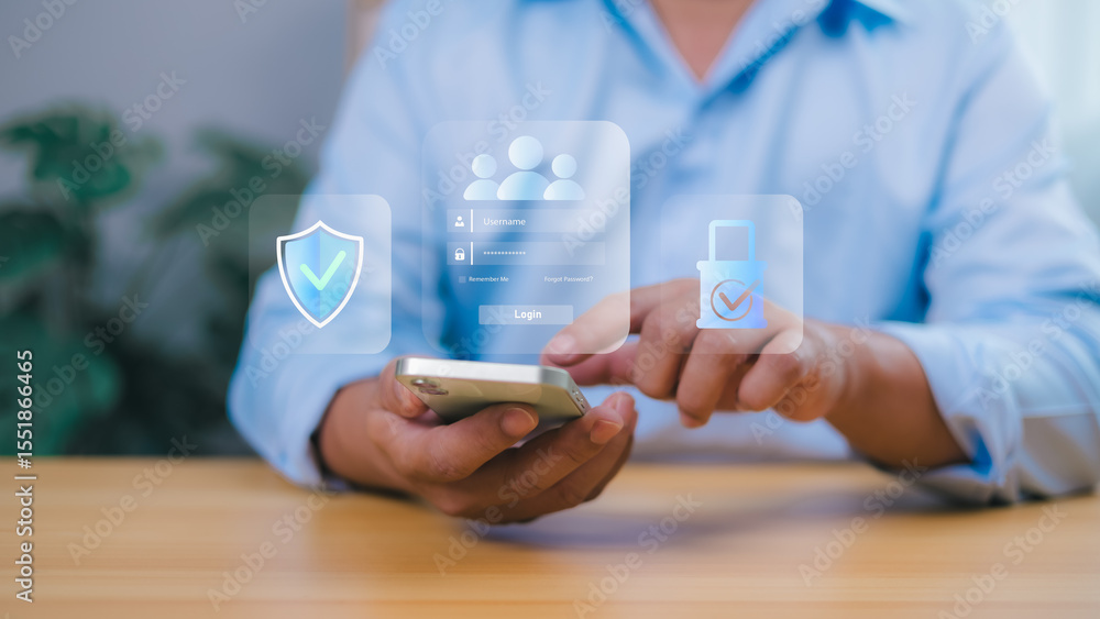 Poster person holding a smartphone interacts with a transparent overlay showing a login screen with securit