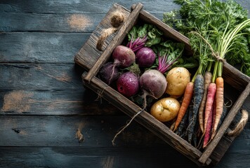 Freshly Harvested Root Vegetables in Wooden Crate with Dark Background, Organic Produce, Healthy Eating Inspiration, Rustic Style