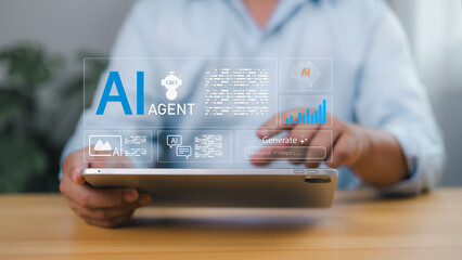 Person using a tablet to AI agent concepts, showcasing artificial intelligence assistant tools, machine learning, automation, chatbots, data analysis, smart technology for future business solutions.