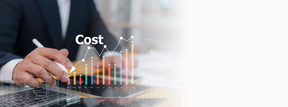 Business person uses a stylus on a tablet with a dynamic Cost graph overlay, illustrating financial analysis, management, business growth, strategic cost optimization for profitability and success.