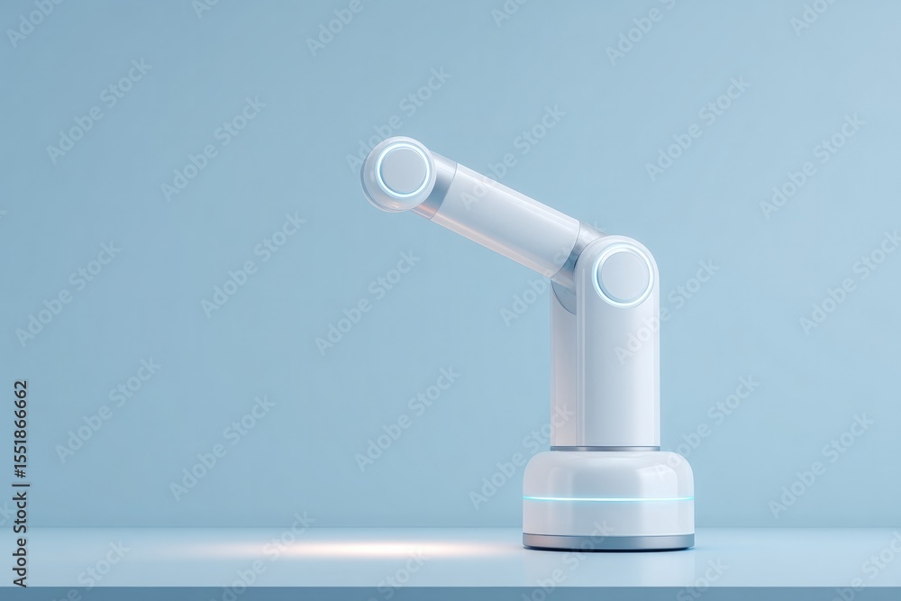 Poster minimalist robotic arm extends towards simple table with empty space on top under wide bright light