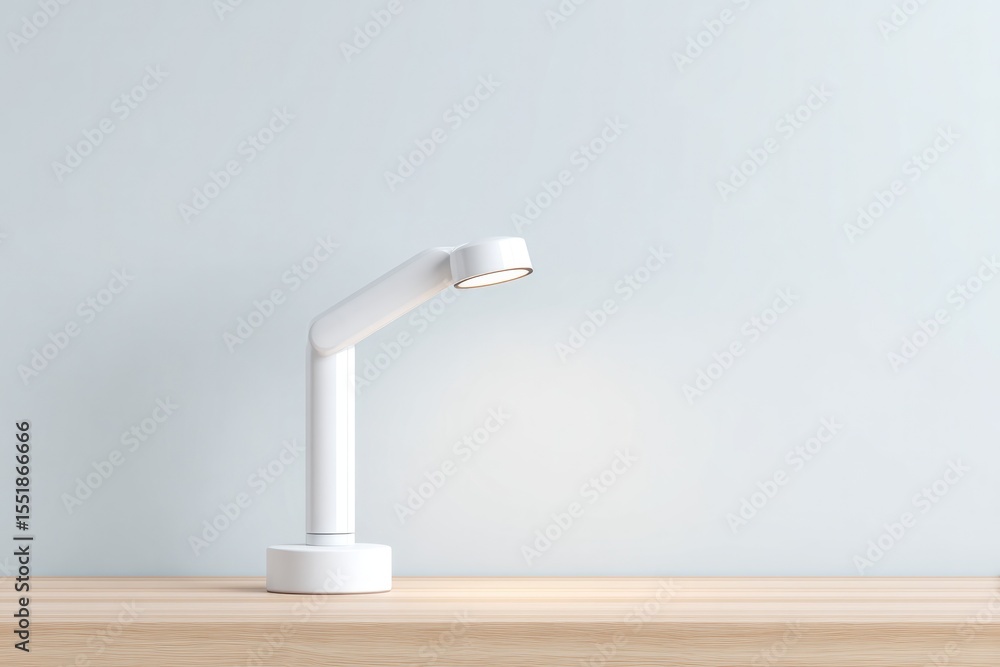 Poster minimalist robotic arm extends towards simple table with empty space on top under wide bright light