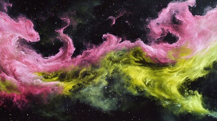 Abstract cosmic nebula with pink and yellow swirls in space.
