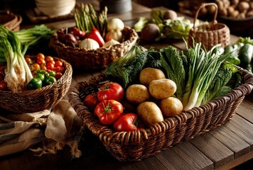 Freshly Harvested Vegetables in Baskets on Rustic Wooden Table with Natural Light Highlighting Organic Produce for Culinary Inspiration