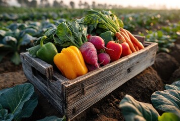Freshly Harvested Vegetables in Wooden Crate Captured in Vibrant Farm Landscape at Sunrise with Dew on Fresh Produce and Lush Green Fields