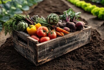 Freshly Harvested Vegetables in Rustic Wooden Crate Surrounded by Lush Green Rows of Crops on Farm Soil