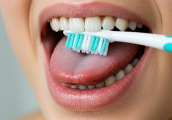 A woman brushes her tongue with a toothbrush to remove bacteria
