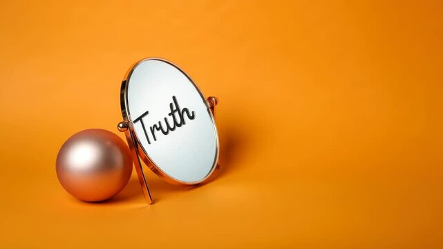 Orange background, mirror reflecting word "truth" with pearl sphere nearby