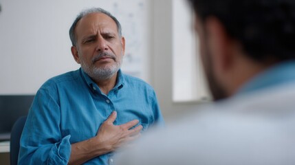 Obraz premium Middle aged man blue shirt appears concerned while holding his chest, indicating discomfort during conversation with healthcare professional medical setting. atmosphere suggests serious discussion
