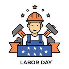 Labor Day colored vector illustration featuring a worker with hard hat, hammers, stars, and a banner, ideal for celebrating labor and industry