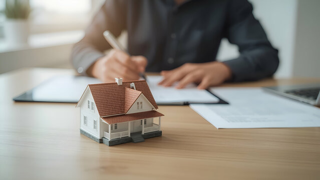 Real Estate Planning Concept – Close-Up of Miniature Model House on Wooden Table with Agent Taking Notes (Professional High-Resolution Photo)