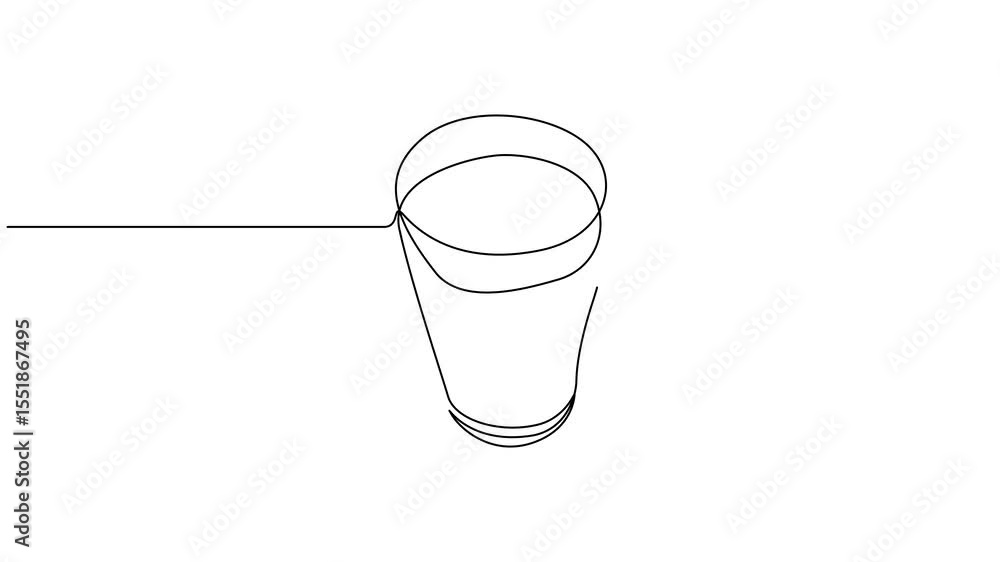 Poster animated self drawing of single continuous line draw for bottle and glass with milk containt, drinki