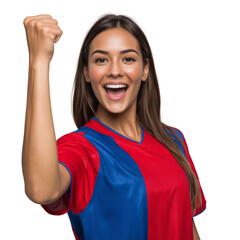 Excited female soccer fan wearing red and blue jersey celebrating team victory with raised fist and joyful expression. 