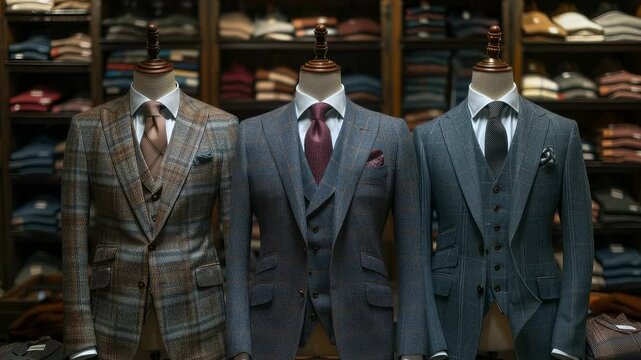 Elegant tailored suits are presented on mannequins in a sophisticated boutique. Each piece features exquisite stitching and high-quality fabrics, perfect for discerning clientele looking for style