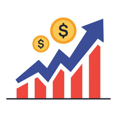 Profit Growth and Financial Success vector illustration with upward trending bar chart, arrow, and dollar coins, symbolizing business growth and investment