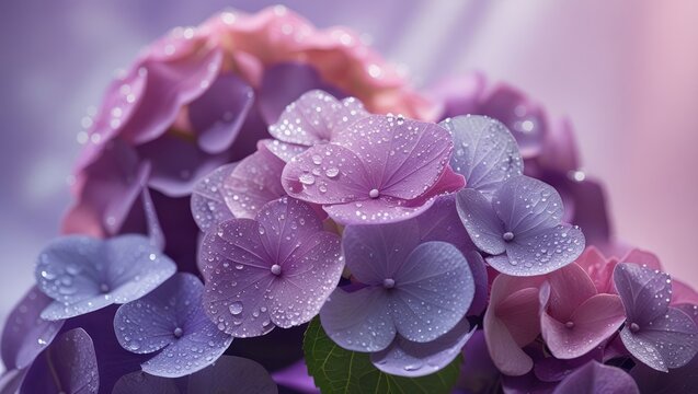 Close-up of purple and pink hydrangea flowers with water droplets on petals in soft natural light
