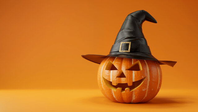 A cheerful carved halloween pumpkin wearing a black witch hat with a gold buckle sits on an orange surface against a solid orange background