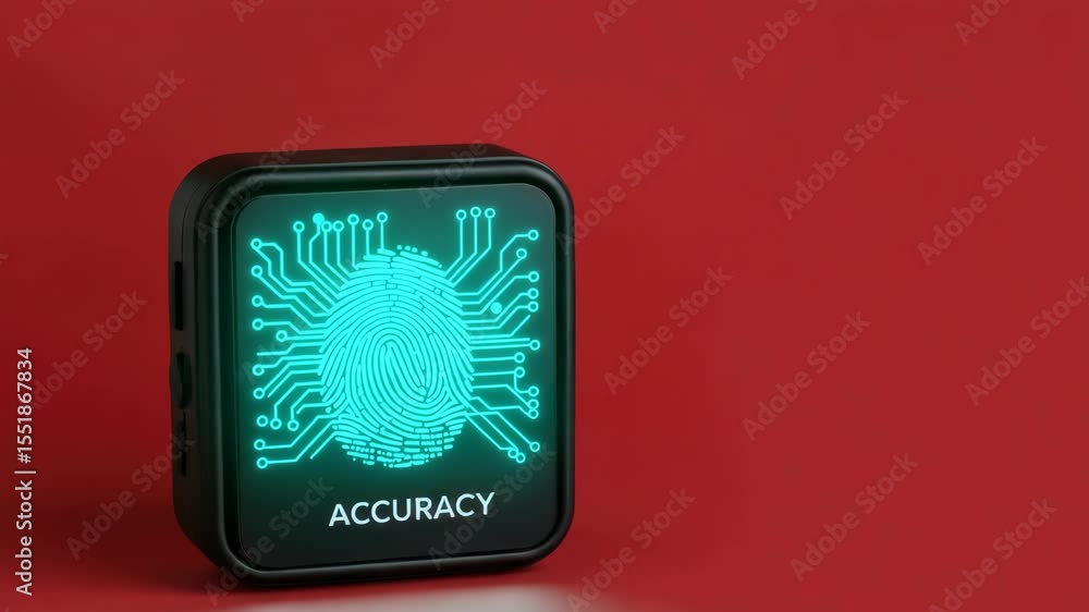 Poster fingerprint scanner device on red background labeled 