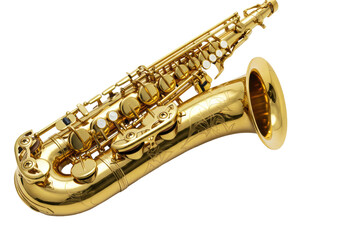 Fototapeta premium A pristine alto saxophone, highly polished brass, gleaming golden finish, sharply defined keys and engravings, isolated on a sterile transparent seamless background, shadowless. Concept of high-end