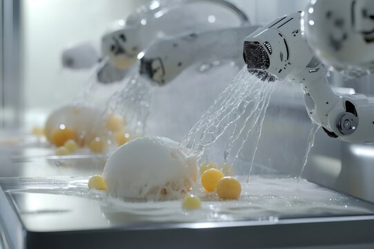 Robotic arms are rinsing and assembling futuristic molecular gastronomy dishes in an advanced, automated kitchen setting - Powered by Adobe