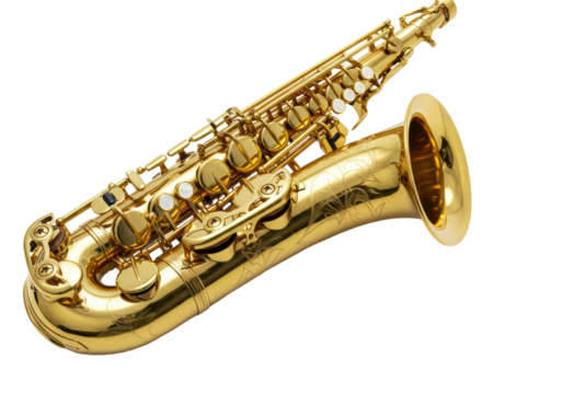 A pristine alto saxophone, highly polished brass, gleaming golden finish, sharply defined keys and engravings, isolated on a sterile transparent seamless background, shadowless. Concept of high-end - Powered by Adobe