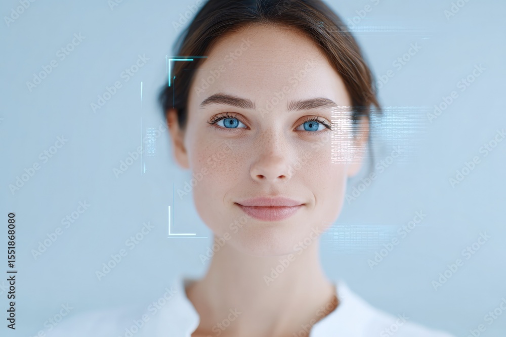Poster minimalistic setup showcasing concept of facial recognition technology featuring digital interface s
