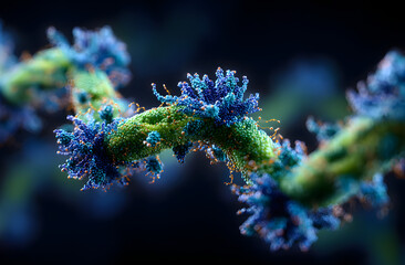 Microscopic illustration antioxidant molecules neutralize free radicals. Science tech render in vibrant colors. Biology, chemistry, medicine, health care, anti-aging research concept.