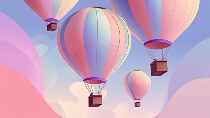 Fototapeta premium Colorful hot air balloons floating in a pastel sky with soft clouds in a serene and dreamy atmosphere