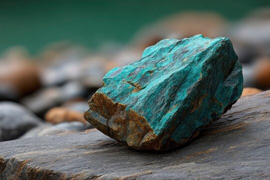 A turquoise and brown rock rests on a larger dark gray rock against a blurred background of rocks and green