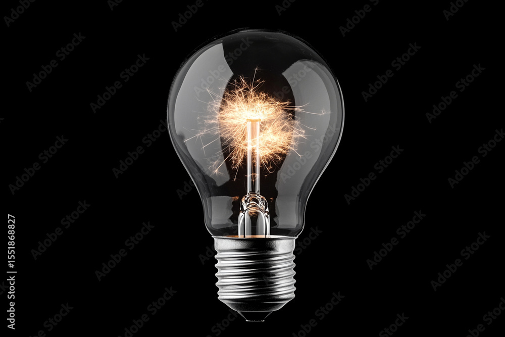 Poster electric sparks create chaotic light bulb shape in dark setting