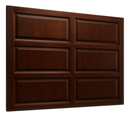 Sectional garage door made of solid wood panels, suitable for a private house, offering a classic and warm aesthetic.