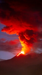 Fototapeta premium Eruption with towering red smoke plume at dusk