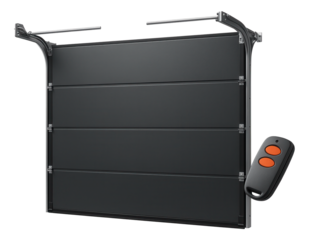 Automatic sectional garage door with a remote control system, convenient for suburban homes with attached garages.