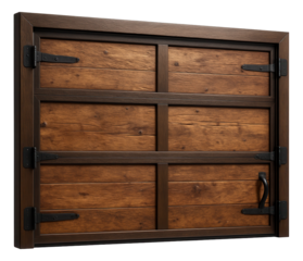 Rustic-style sectional garage door made of reclaimed barn wood, enhancing the charm of a countryside cottage.