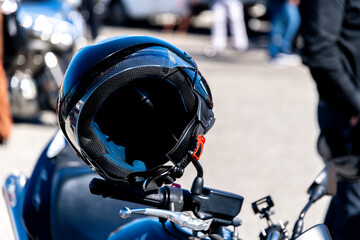 Close-up of Vemar helmet on parked motorcycle
