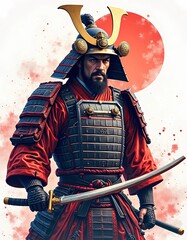 digital illustration of samurai with sun isolated on white background. vector samruai t-shirt design.