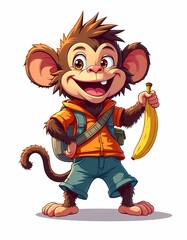 cartoon illustration of adventurous monkey holding banana on white background