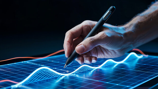 Close up of a hand holding a stylus pen interacting with a glowing digital graph displaying financial data on a futuristic screen
