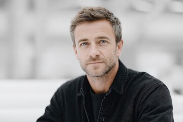 Obraz premium solo architect at clean workspace intently examining blueprints with ample copy space around scene