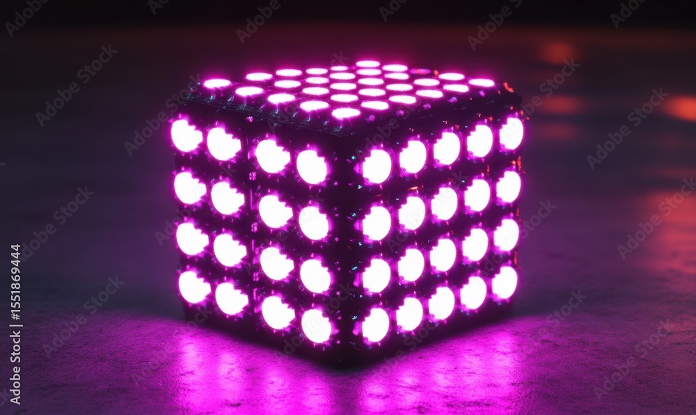 Poster illuminated neon cube pattern glowing with magenta light in the dark